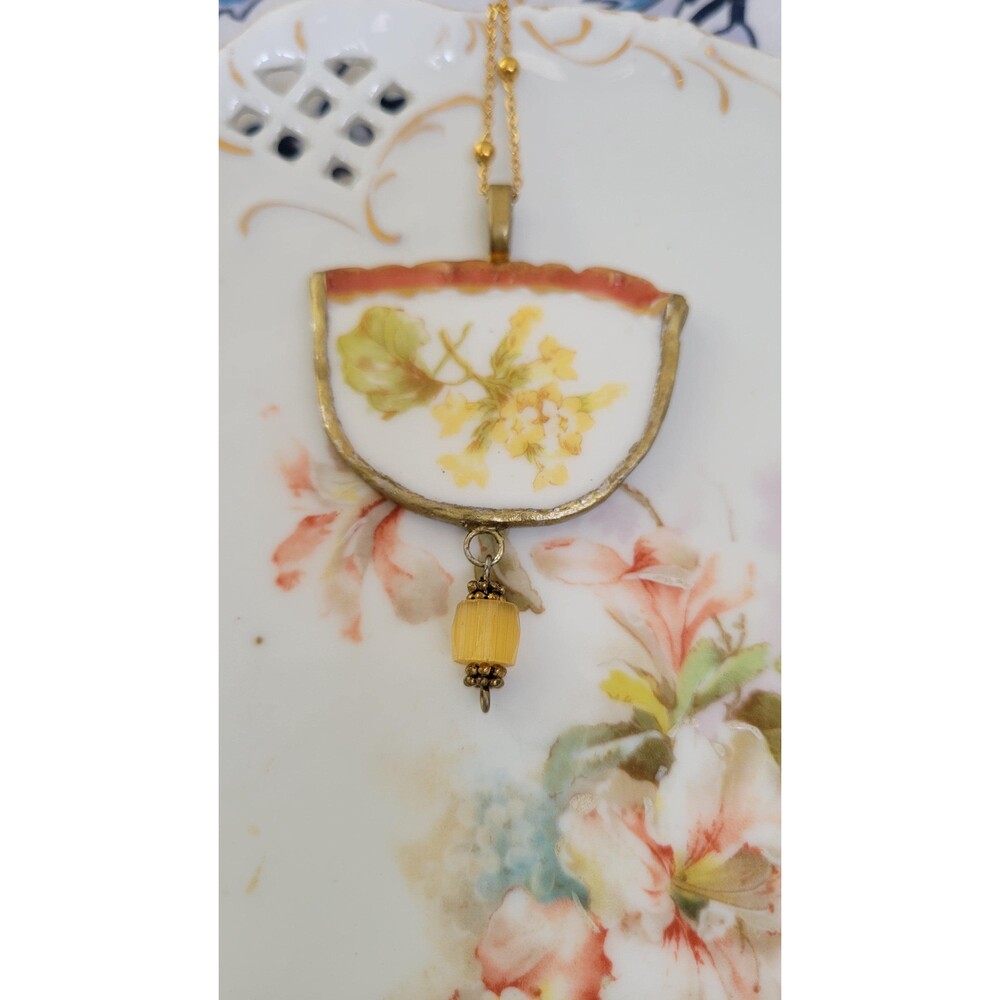 Antique Broken China Pendant Necklace - Floral Porcelain with Citrine Bead